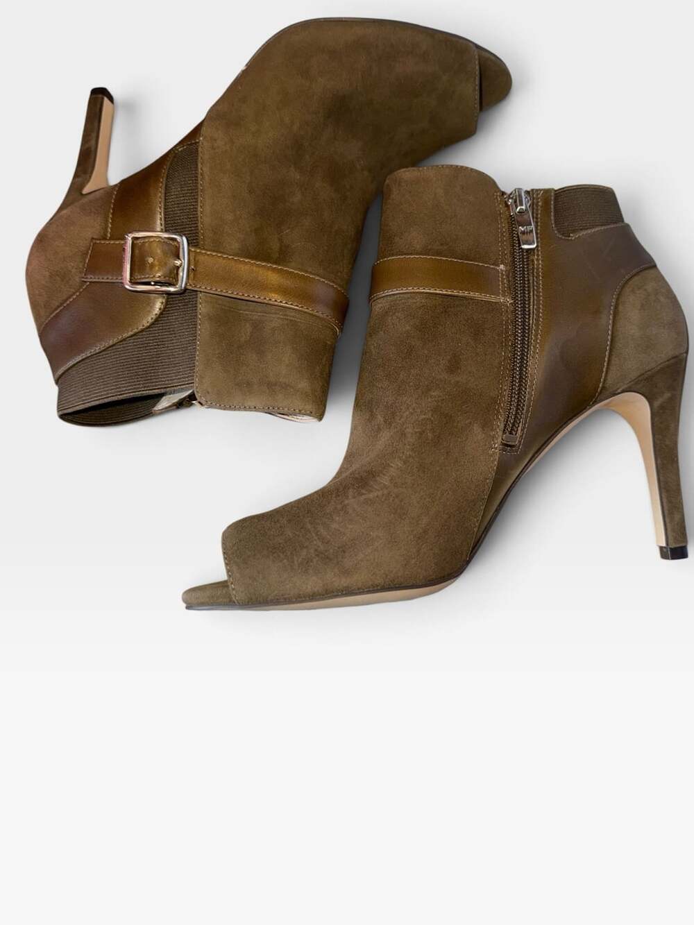 Min Box Marc Fisher Shimmee Bootie Size 8M Dark(Olive) Green Suede Peep Toe Heel